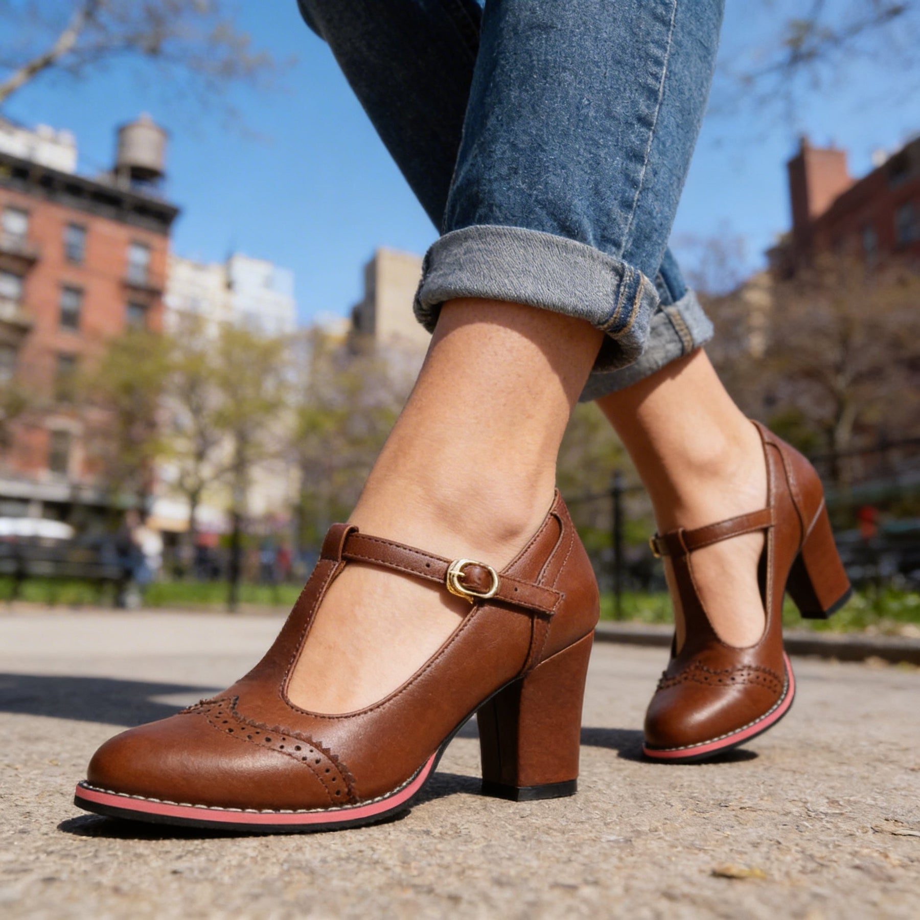 Retro Brogue T-Bar Heels with Block Heel and Gold Buckle