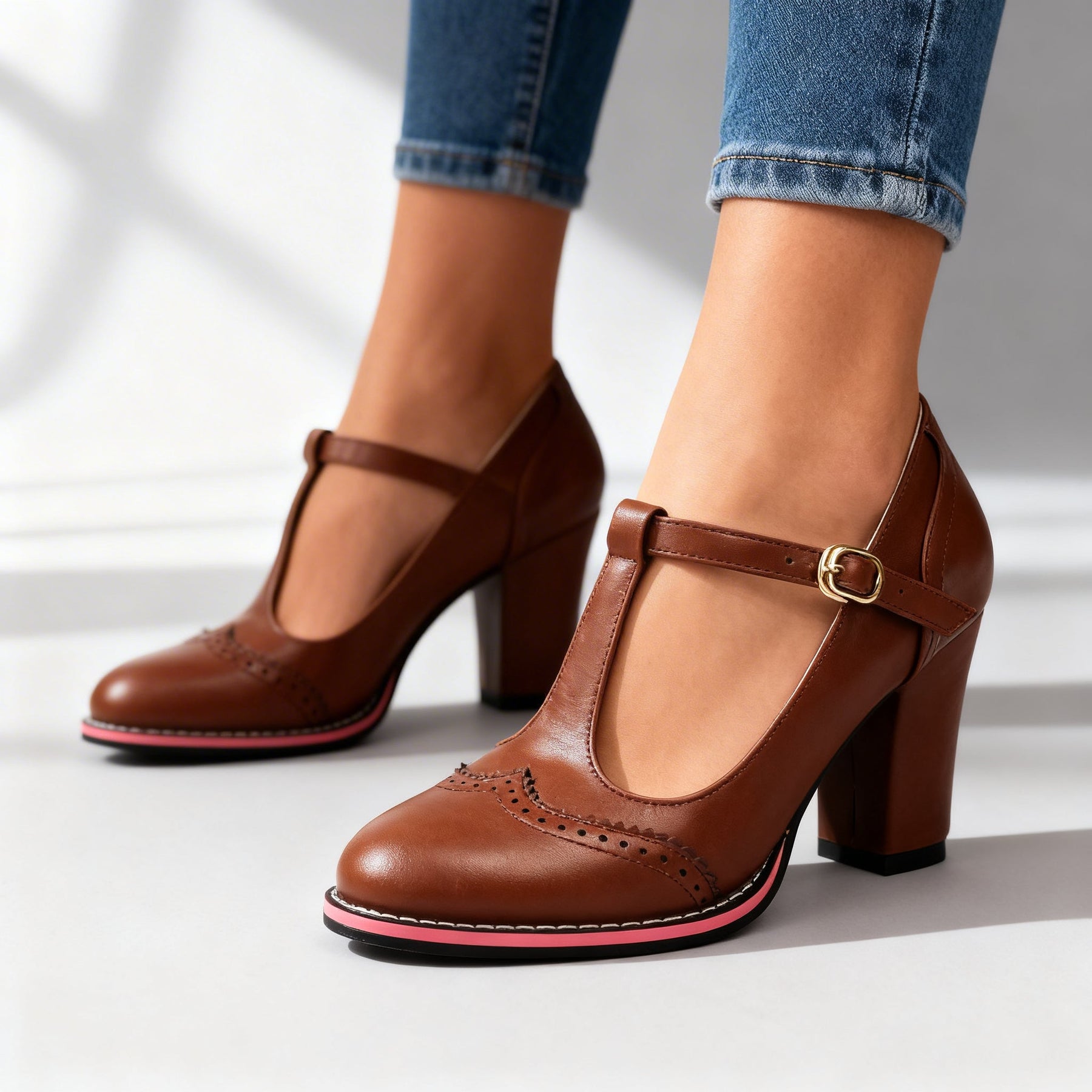 Retro Brogue T-Bar Heels with Block Heel and Gold Buckle