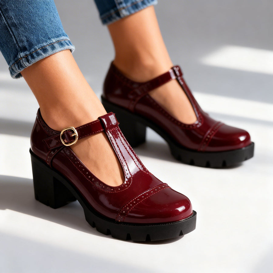 Retro Chunky Heeled Mary Janes with T-Bar Strap and Lug Sole