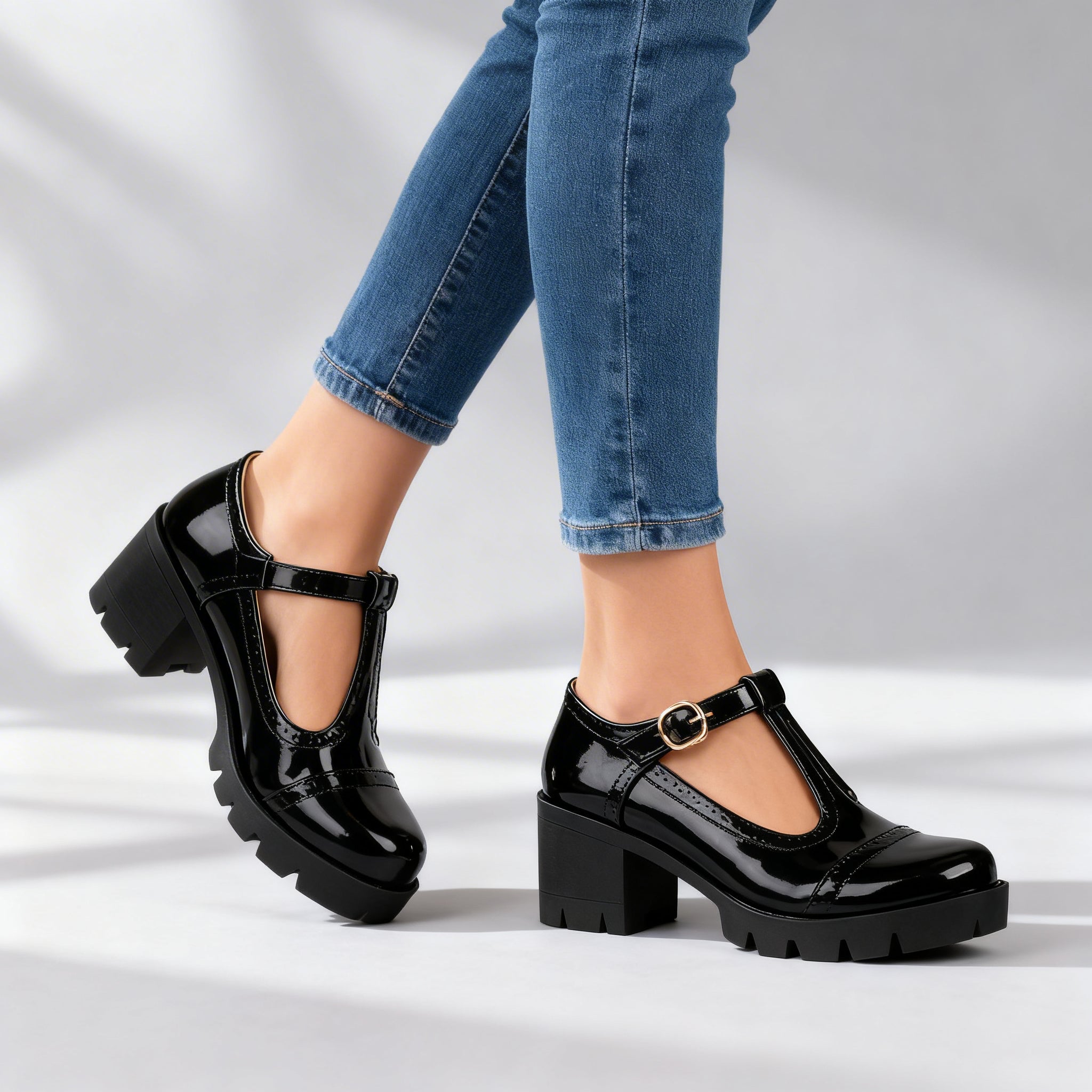 Retro Chunky Heeled Mary Janes with T-Bar Strap and Lug Sole