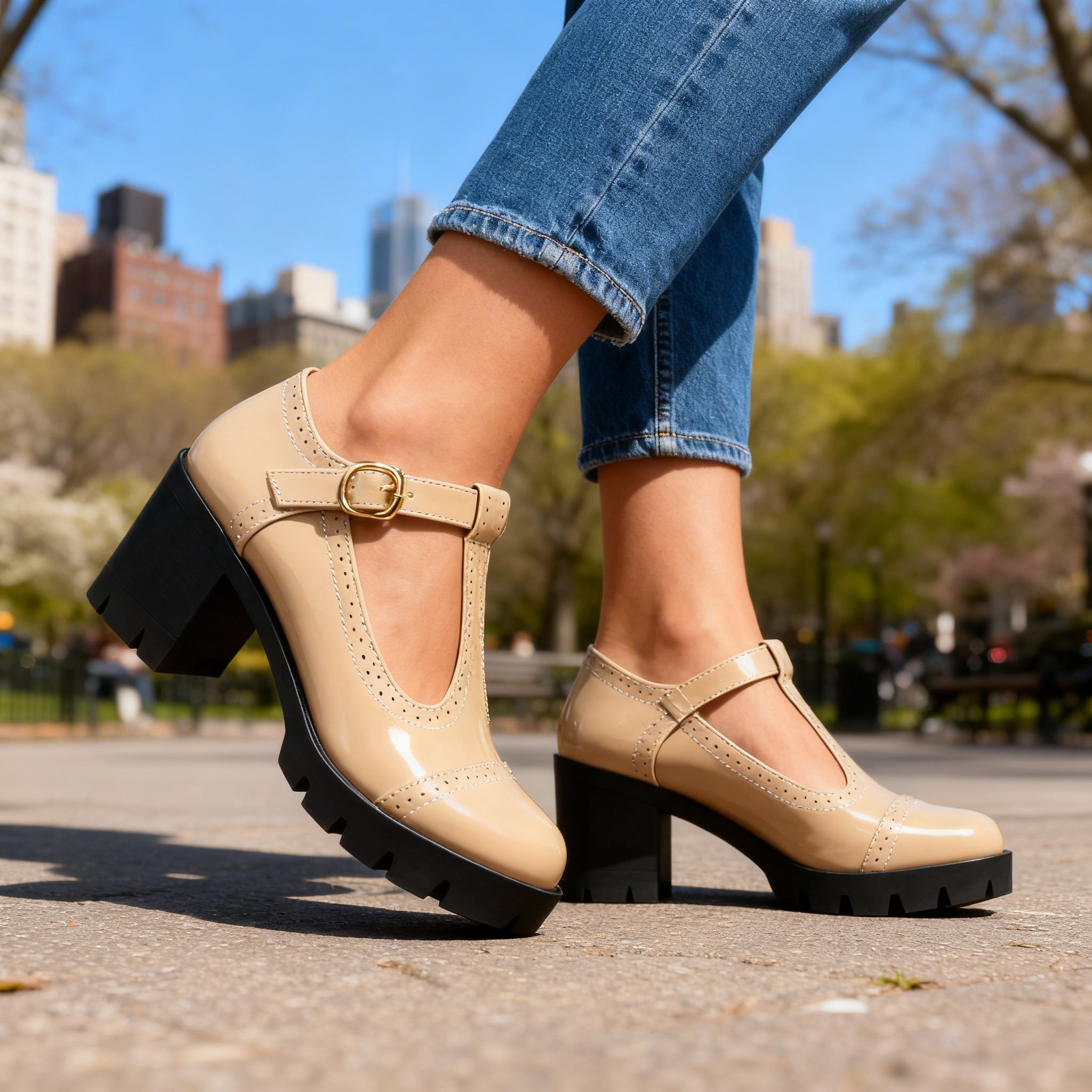 Retro Chunky Heeled Mary Janes with T-Bar Strap and Lug Sole