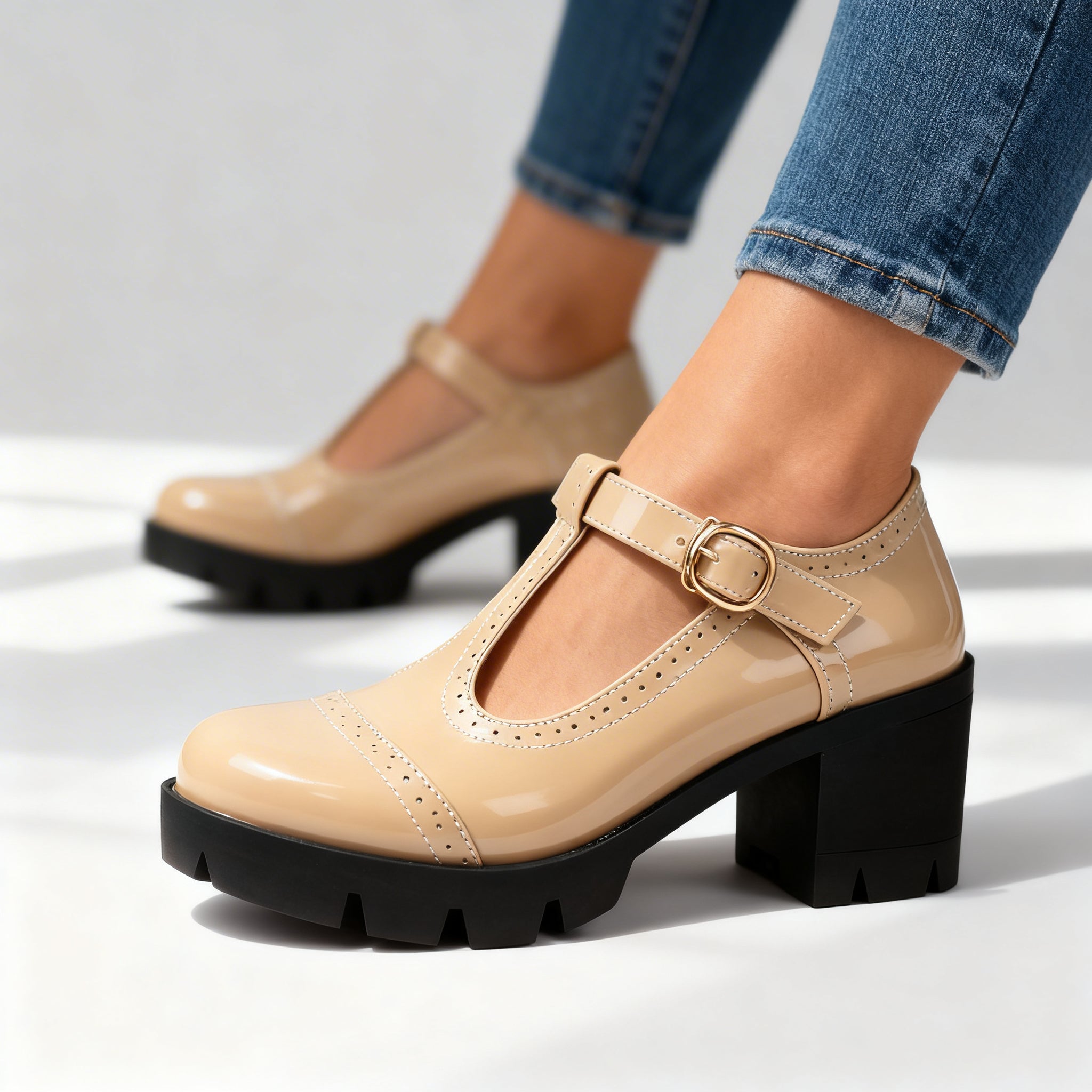 Retro Chunky Heeled Mary Janes with T-Bar Strap and Lug Sole