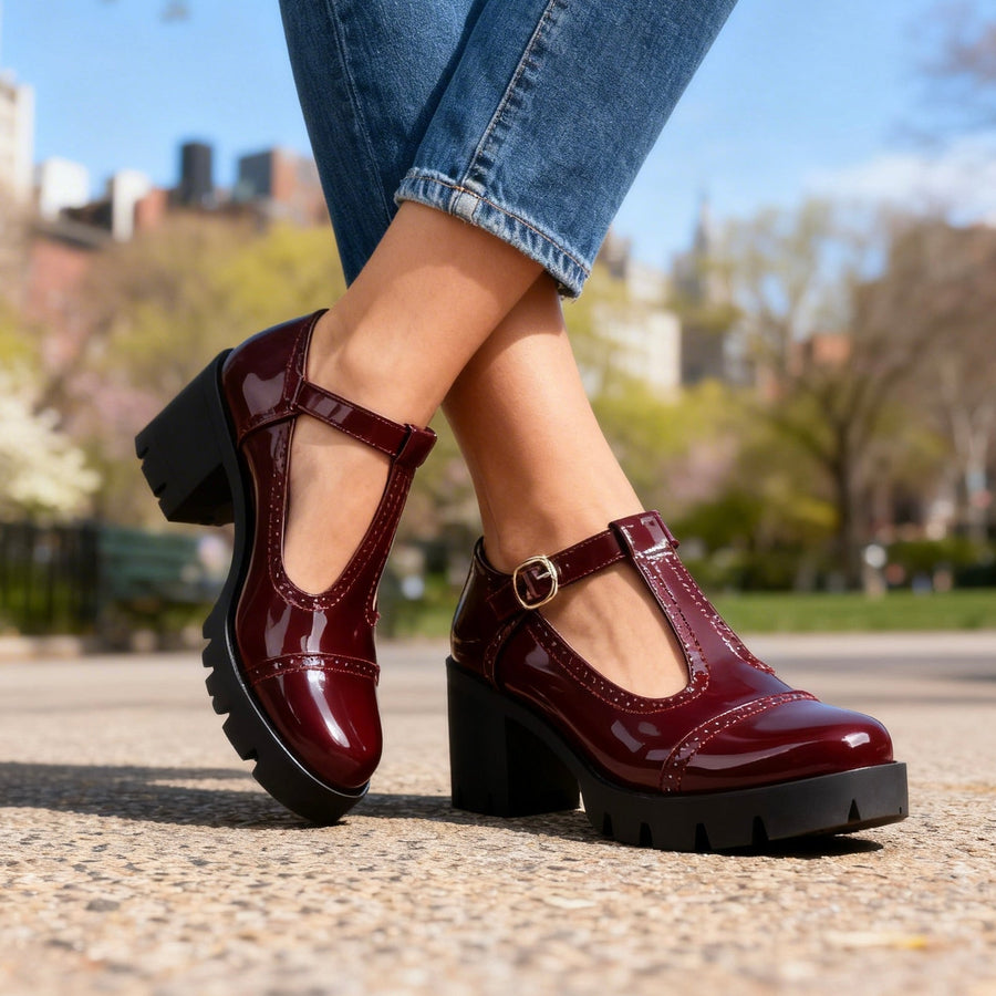 Retro Chunky Heeled Mary Janes with T-Bar Strap and Lug Sole