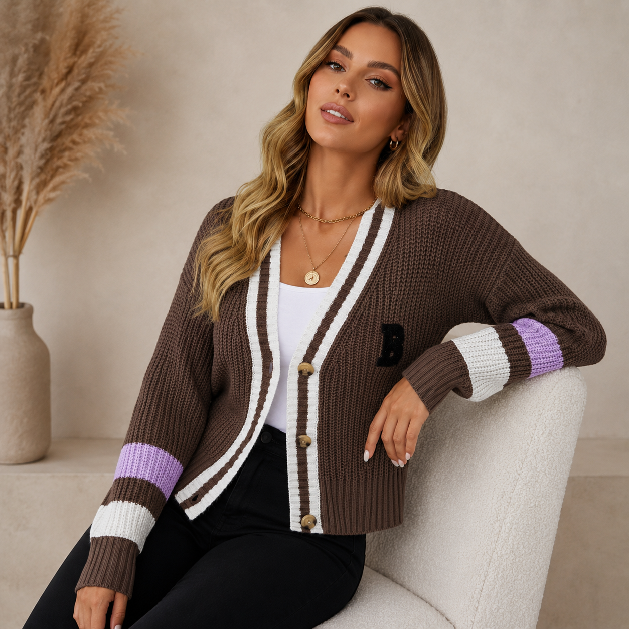 Retro Chunky Knit Cardigan with Contrast Stripe Cuffs