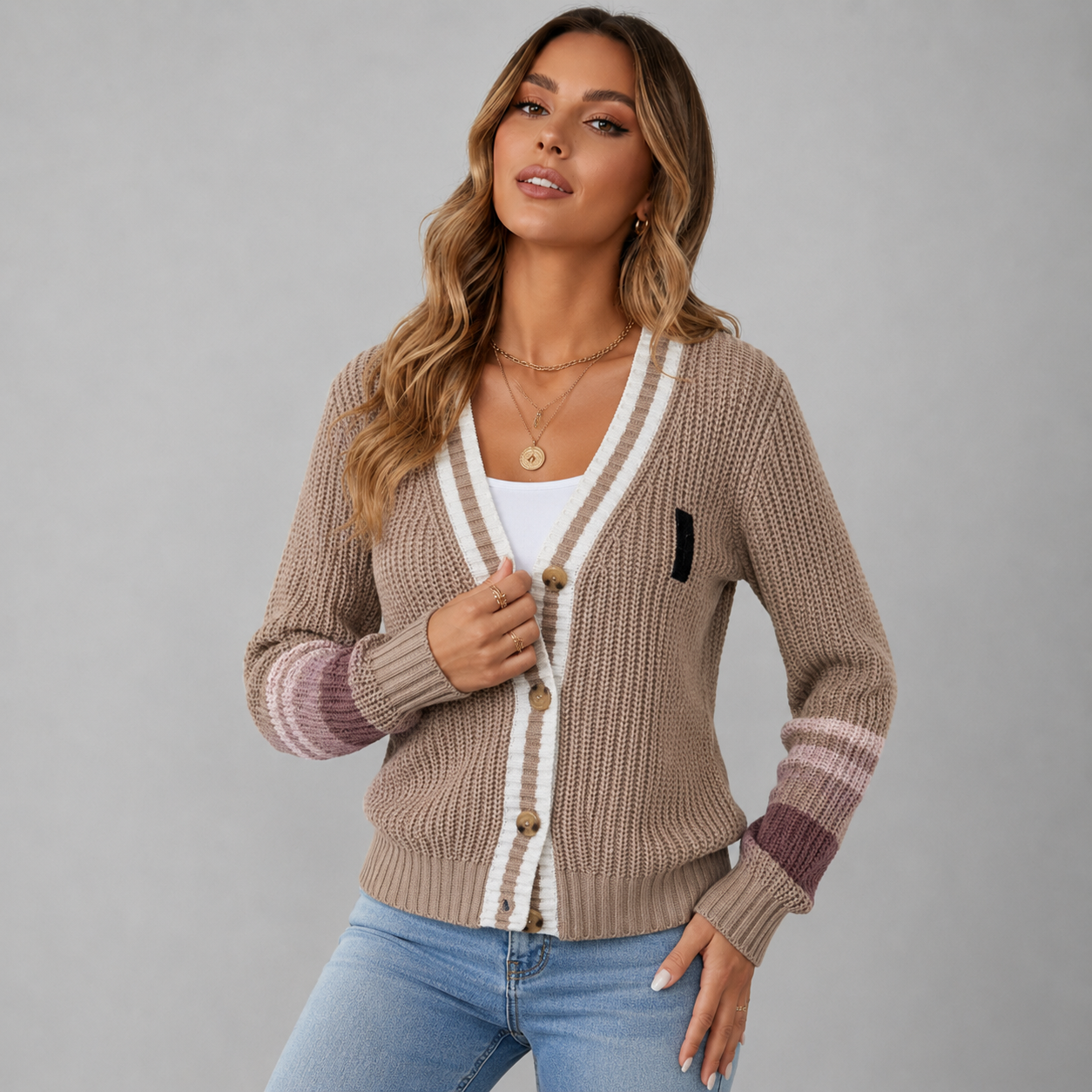 Retro Chunky Knit Cardigan with Contrast Stripe Cuffs
