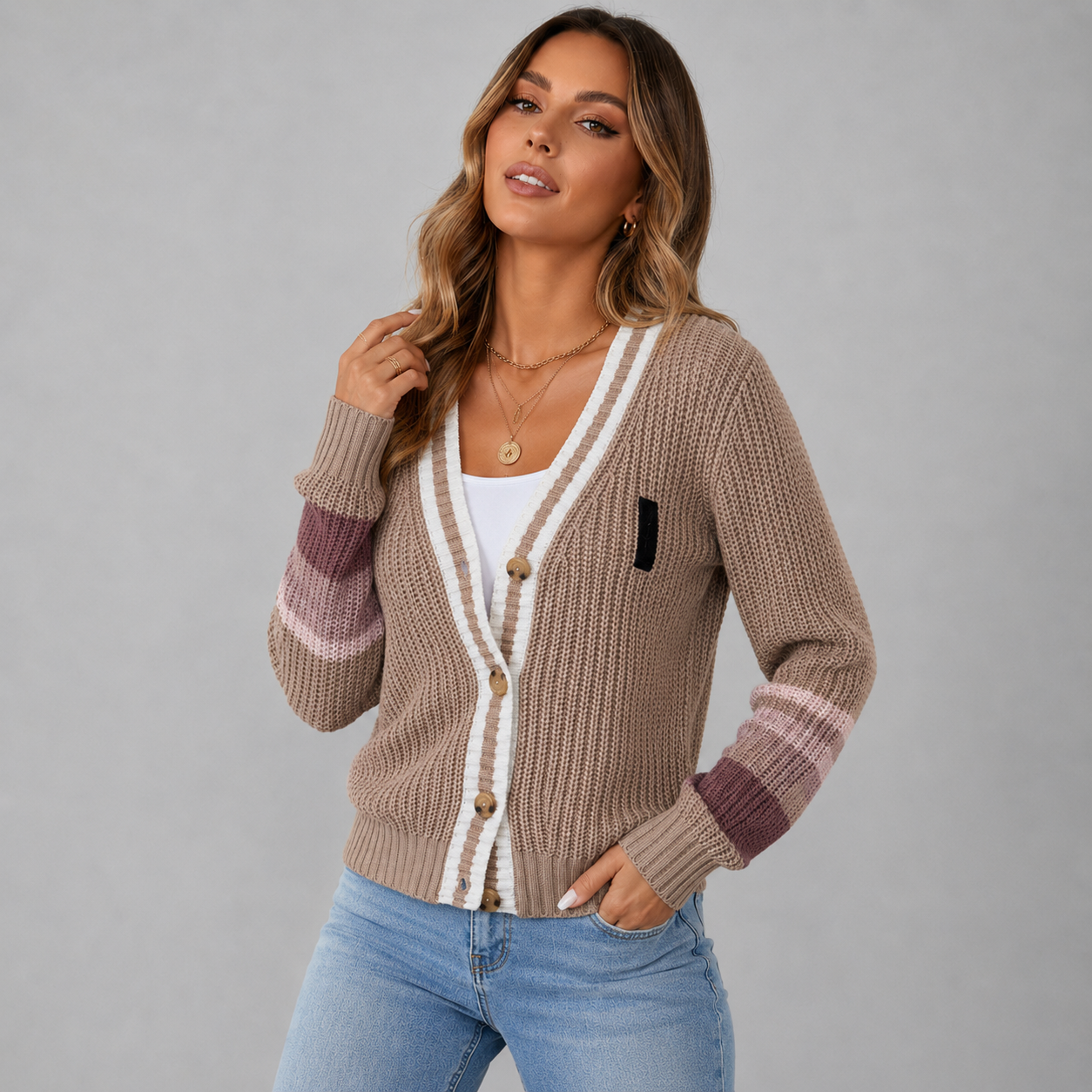 Retro Chunky Knit Cardigan with Contrast Stripe Cuffs