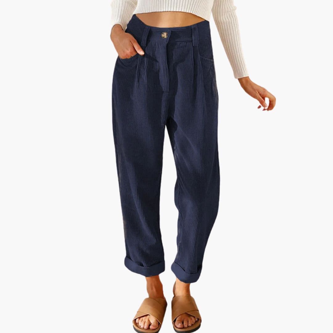 Retro Corduroy Trousers with Tapered Leg and Pleated Front
