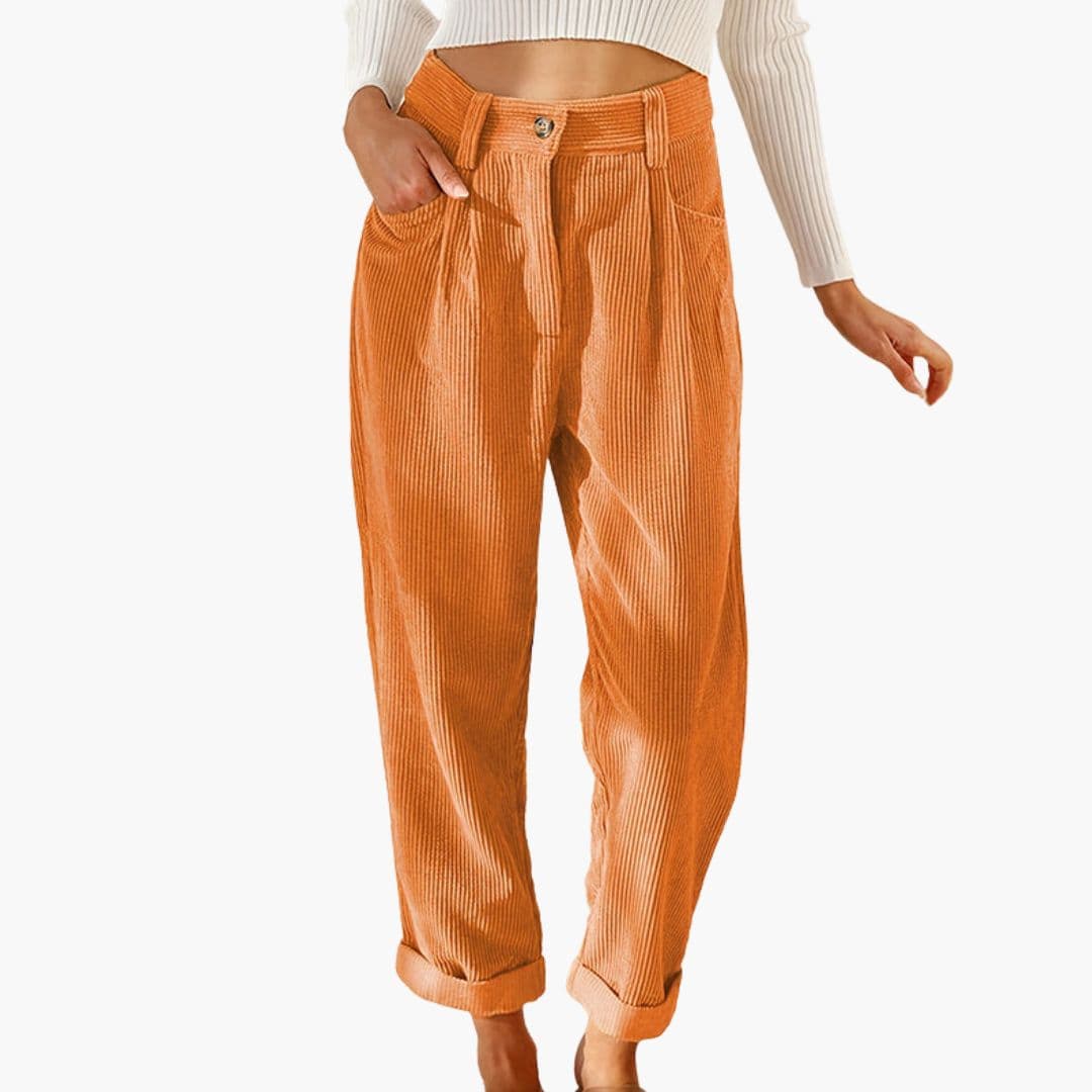 Retro Corduroy Trousers with Tapered Leg and Pleated Front