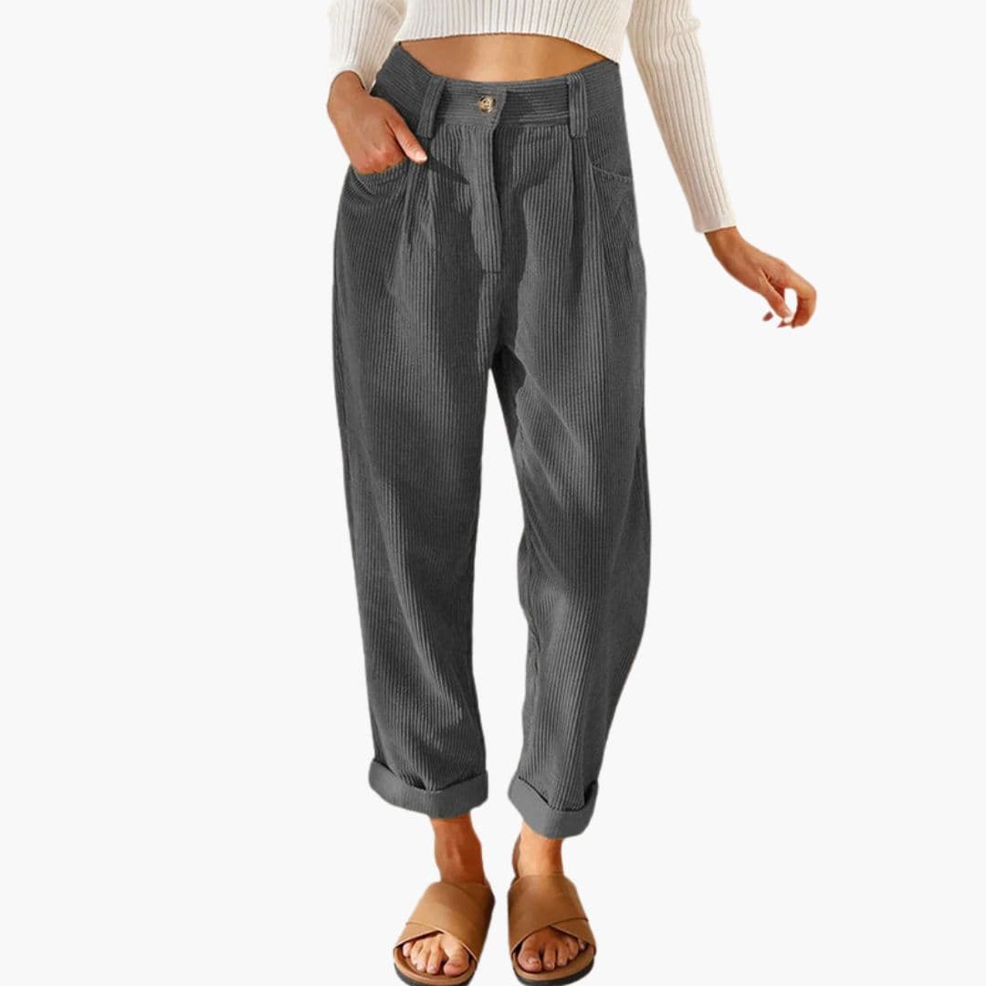 Retro Corduroy Trousers with Tapered Leg and Pleated Front