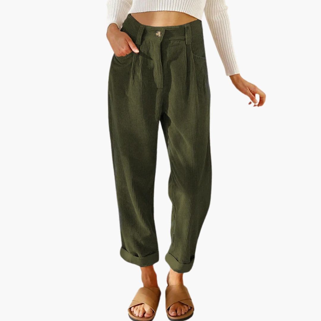 Retro Corduroy Trousers with Tapered Leg and Pleated Front