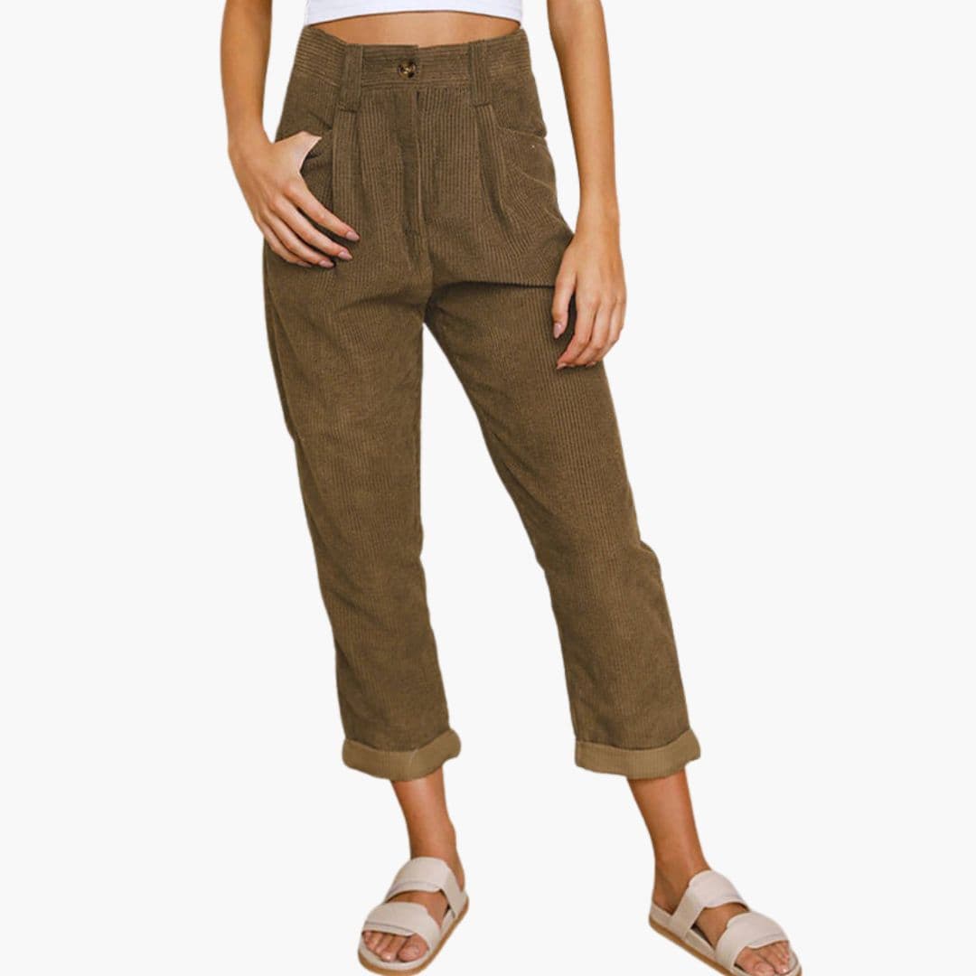 Retro Corduroy Trousers with Tapered Leg and Pleated Front