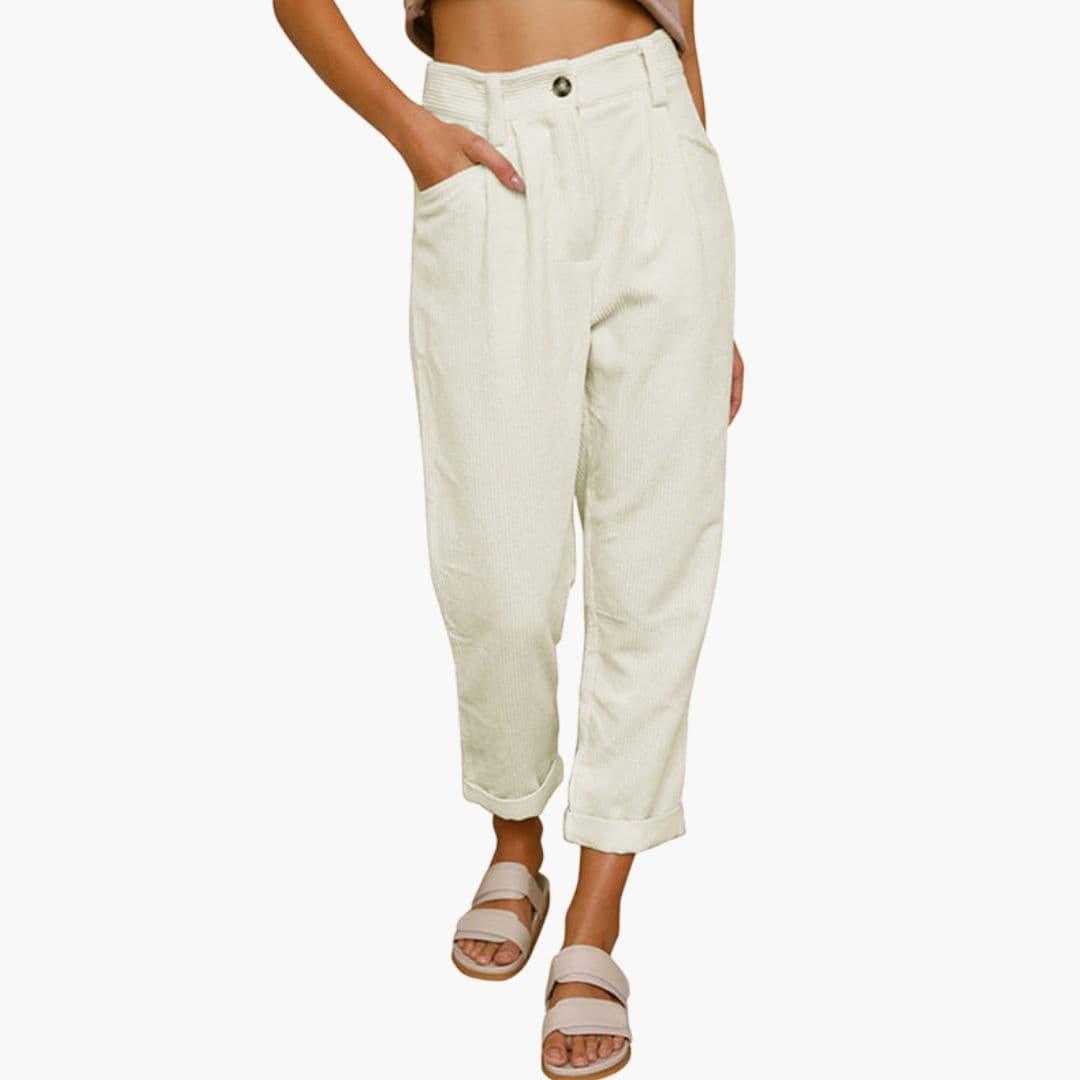 Retro Corduroy Trousers with Tapered Leg and Pleated Front