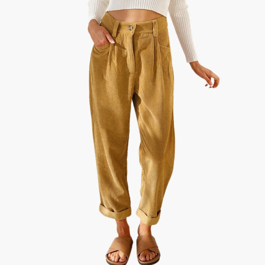 Retro Corduroy Trousers with Tapered Leg and Pleated Front