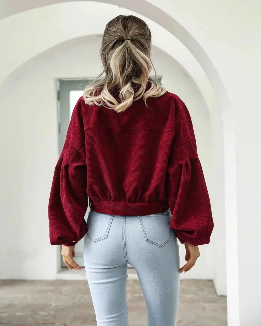 Retro Cropped Corduroy Jacket with Balloon Sleeves and Button Front