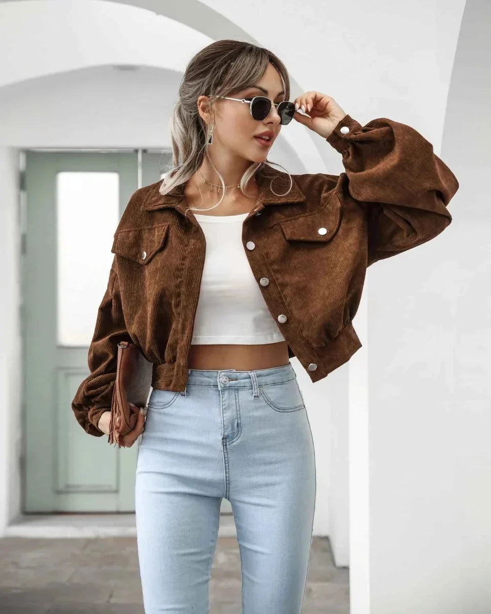 Retro Cropped Corduroy Jacket with Balloon Sleeves and Button Front