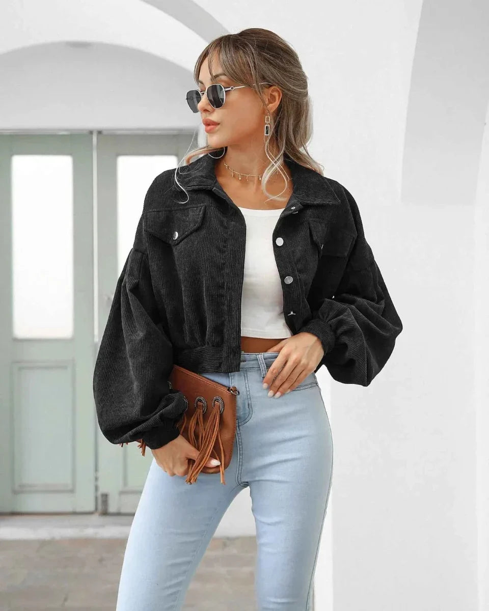 Retro Cropped Corduroy Jacket with Balloon Sleeves and Button Front