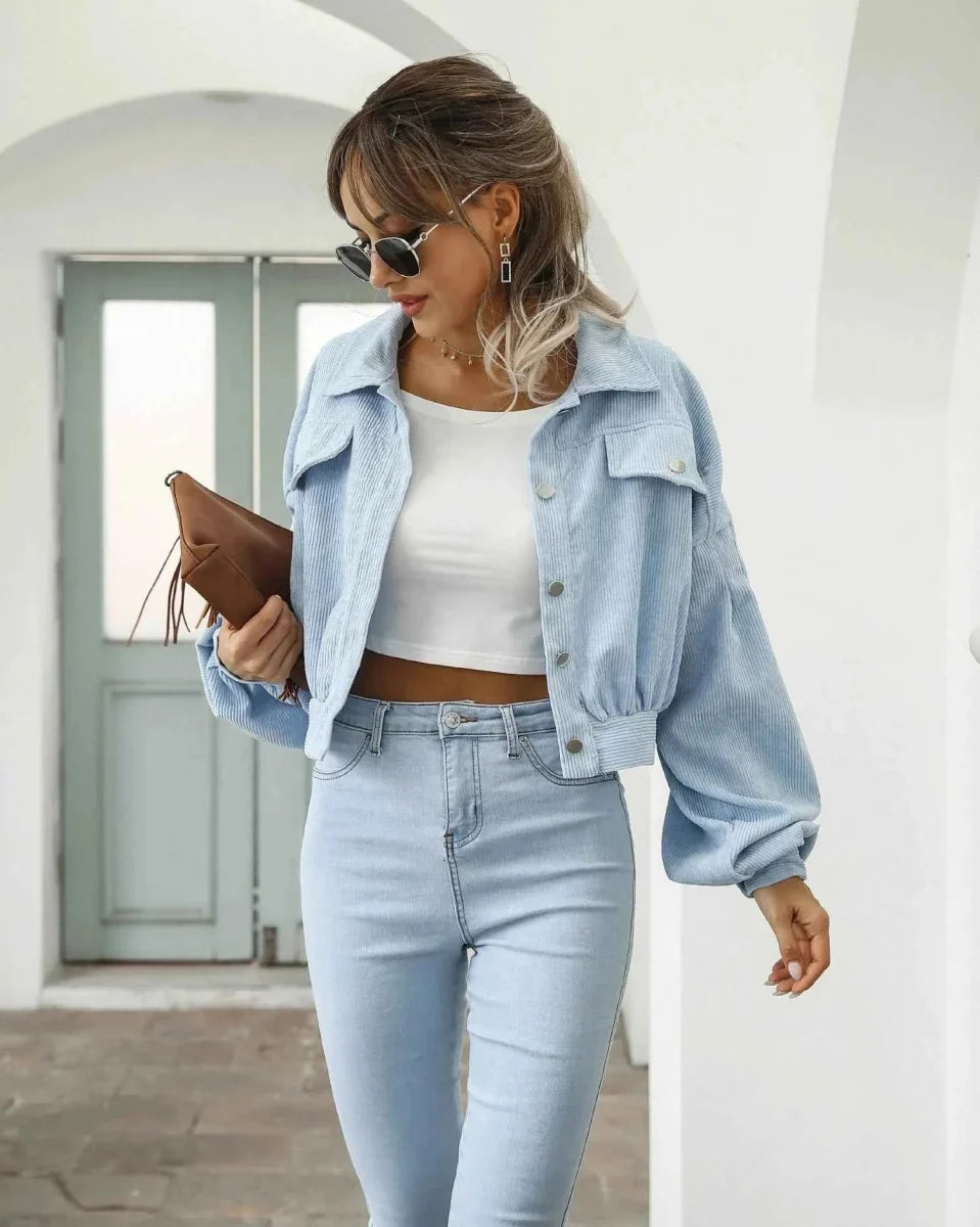 Retro Cropped Corduroy Jacket with Balloon Sleeves and Button Front