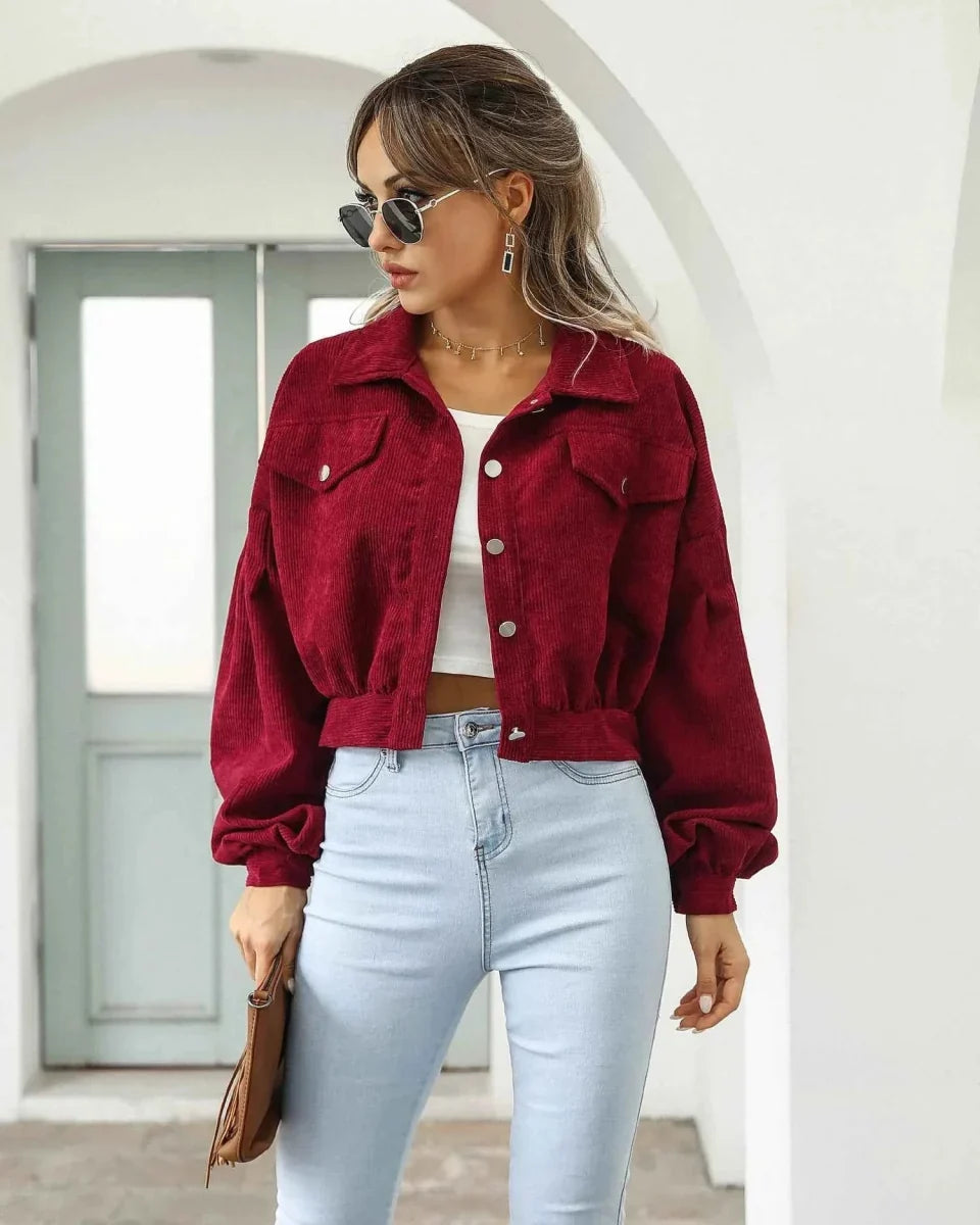 Retro Cropped Corduroy Jacket with Balloon Sleeves and Button Front