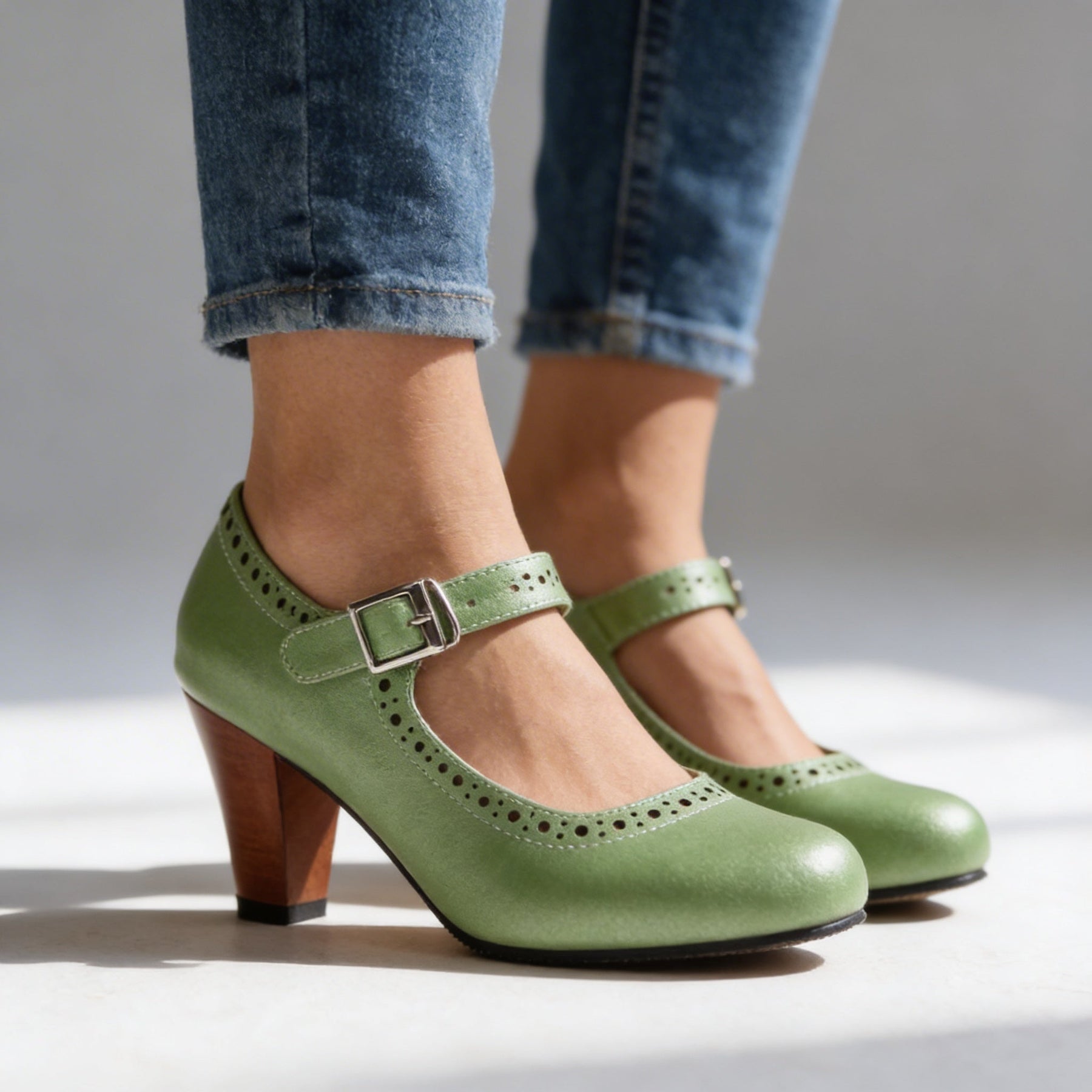 Retro Heeled Mary Janes with Brogue Detail and Buckle Strap