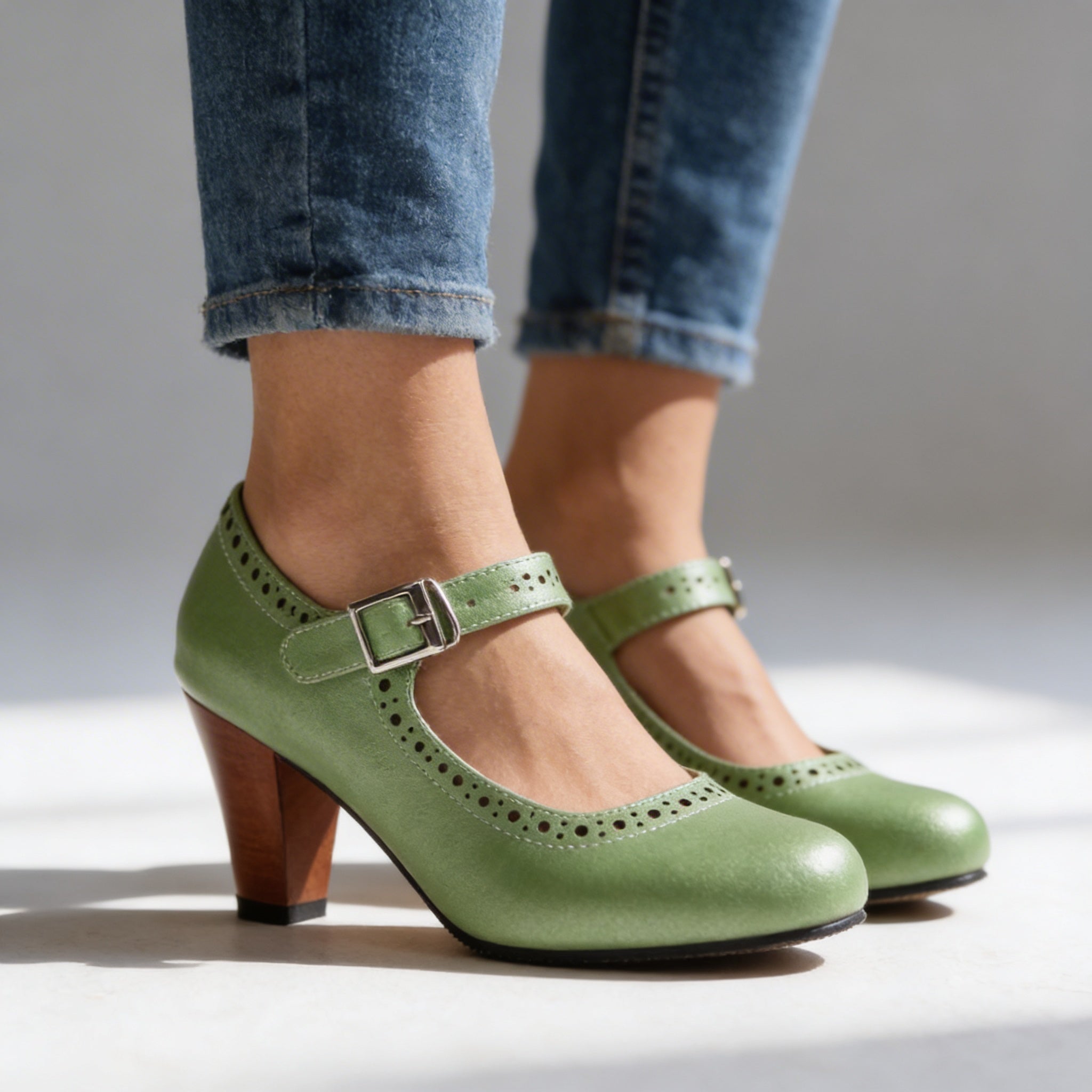Retro Heeled Mary Janes with Brogue Detail and Buckle Strap