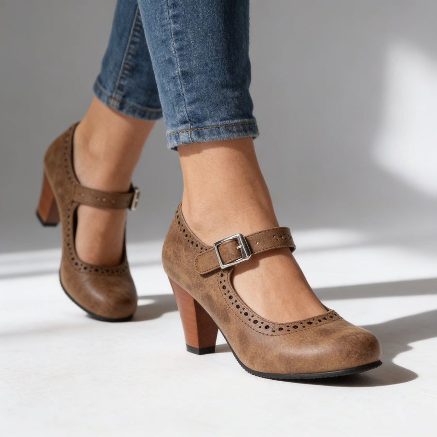 Retro Heeled Mary Janes with Brogue Detail and Buckle Strap