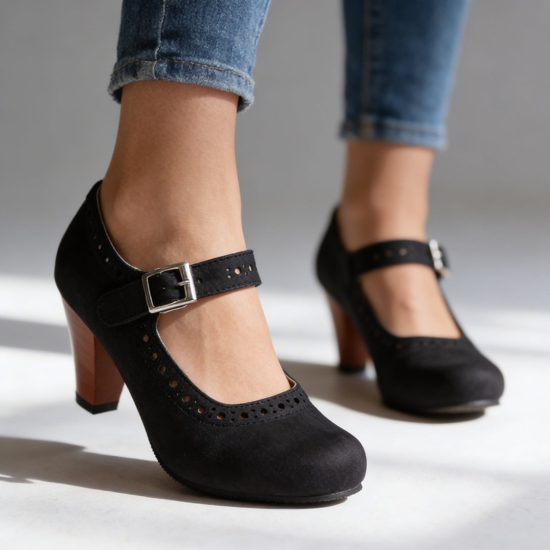 Retro Heeled Mary Janes with Brogue Detail and Buckle Strap