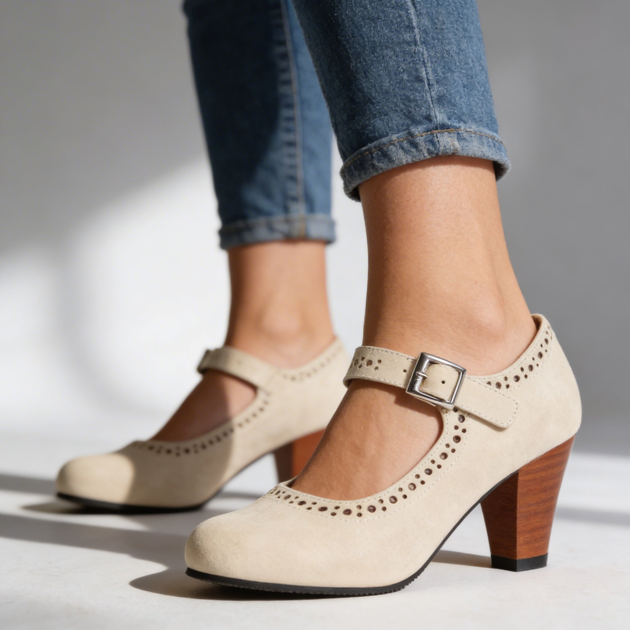 Retro Heeled Mary Janes with Brogue Detail and Buckle Strap