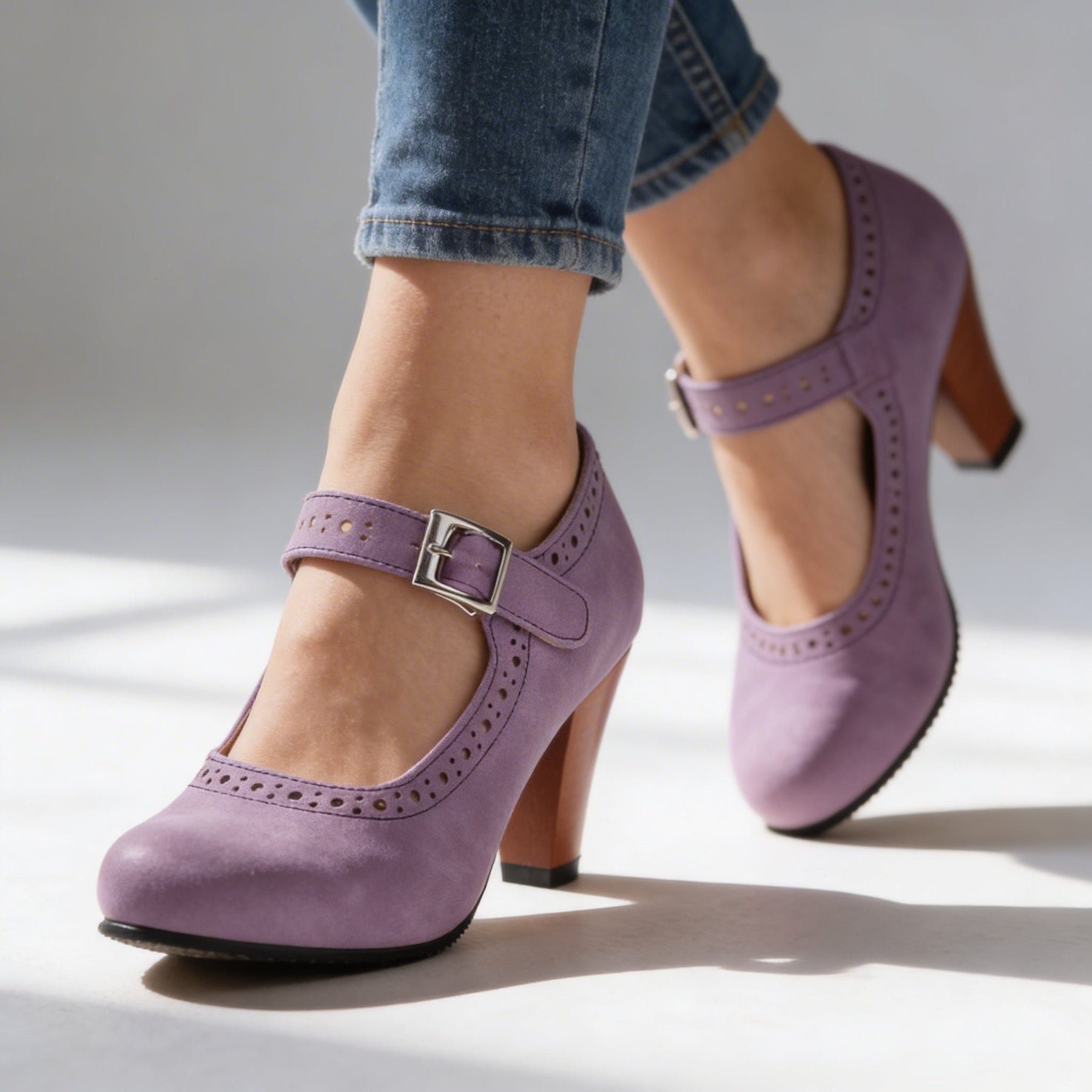 Retro Heeled Mary Janes with Brogue Detail and Buckle Strap