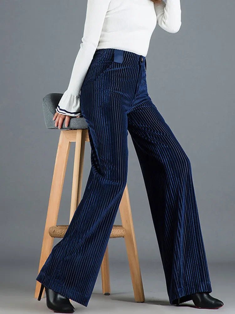 Retro High Waist Wide Leg Corduroy Trousers with Pearl Button