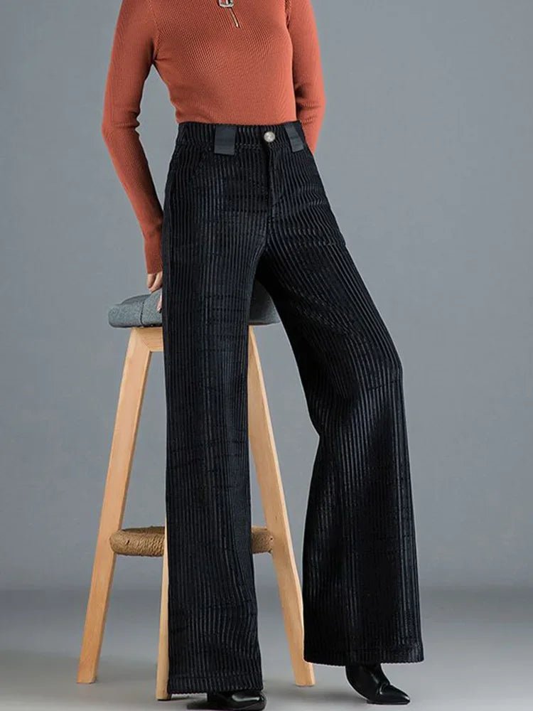 Retro High Waist Wide Leg Corduroy Trousers with Pearl Button