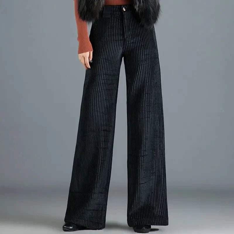 Retro High Waist Wide Leg Corduroy Trousers with Pearl Button