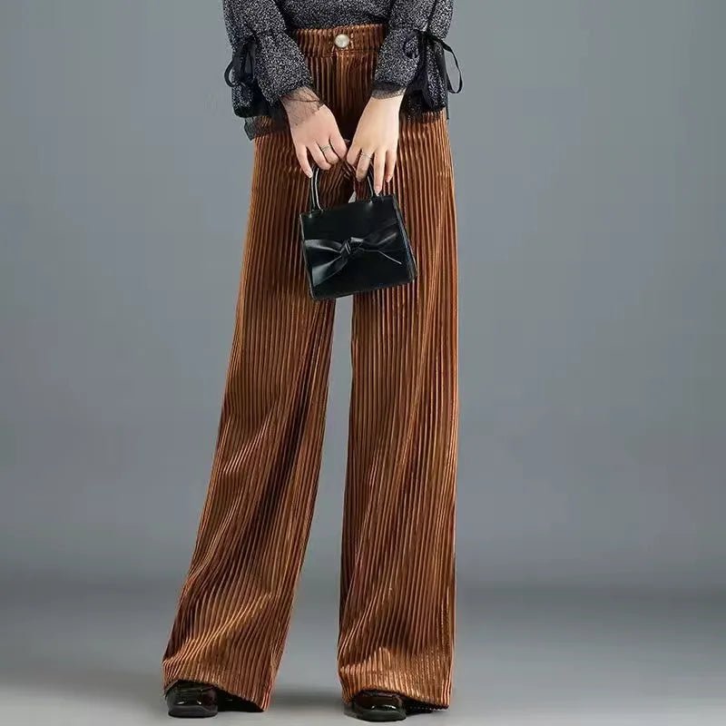 Retro High Waist Wide Leg Corduroy Trousers with Pearl Button