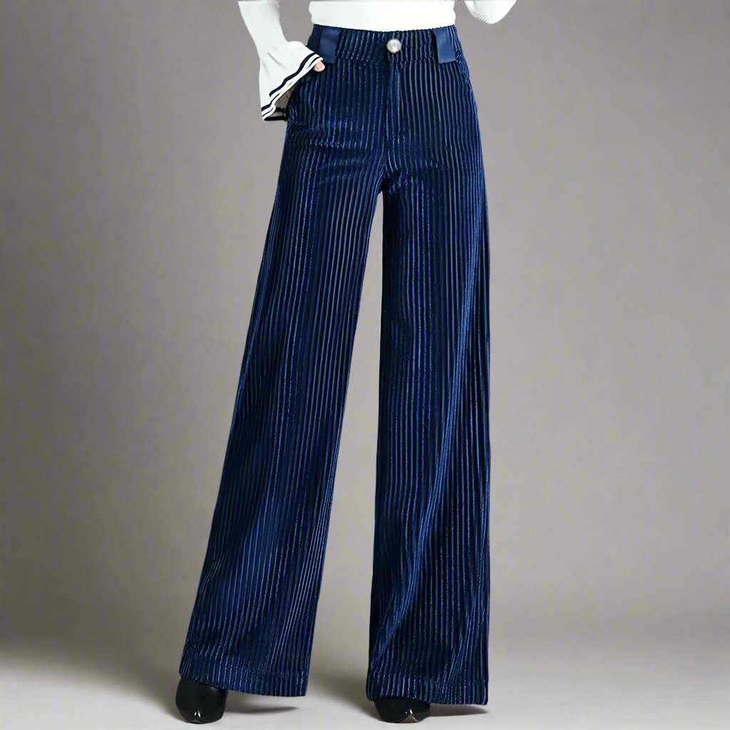 Retro High Waist Wide Leg Corduroy Trousers with Pearl Button