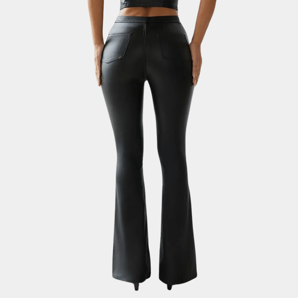 Retro High Waist Slim Leather Flared Trousers with Full Length Sweep