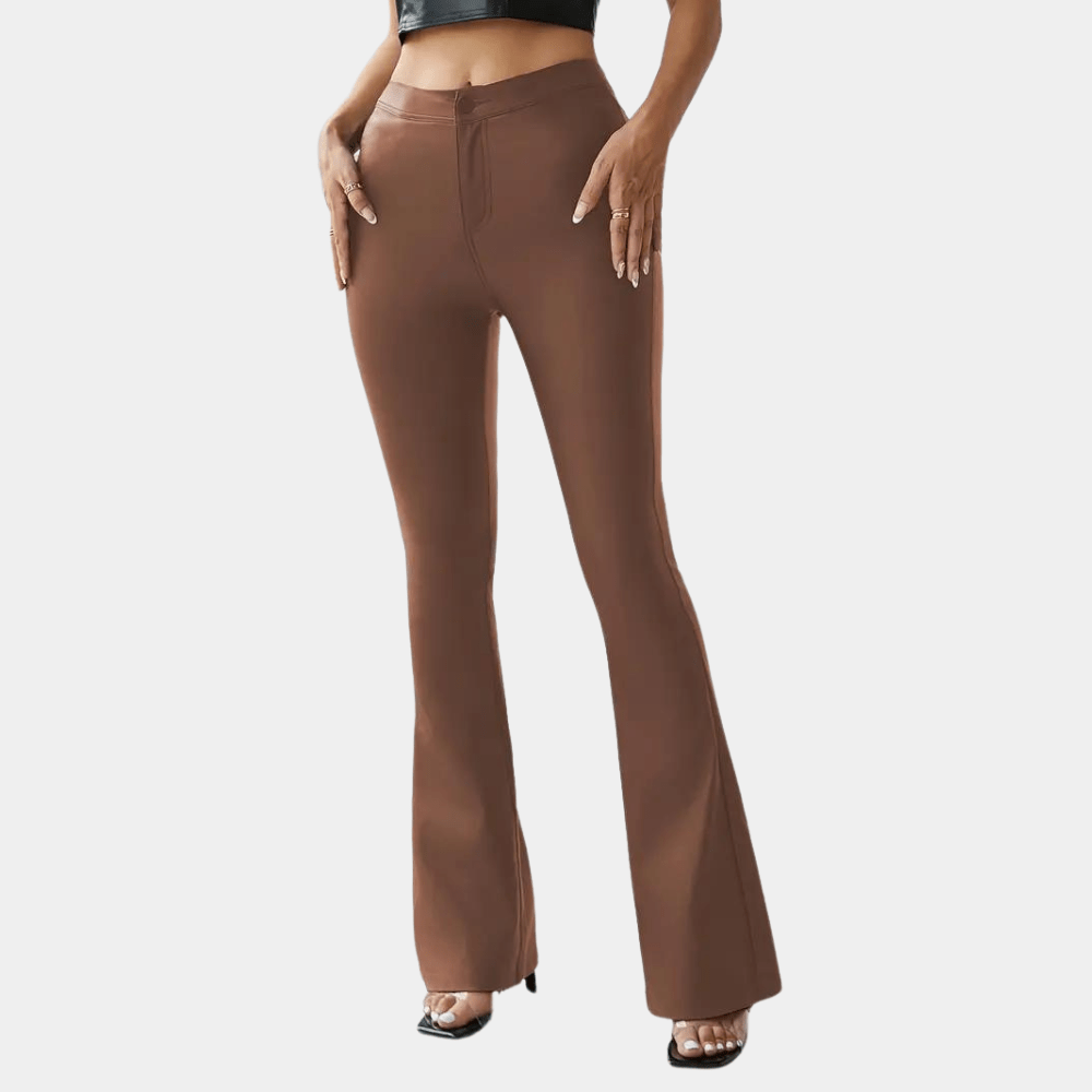 Retro High Waist Slim Leather Flared Trousers with Full Length Sweep