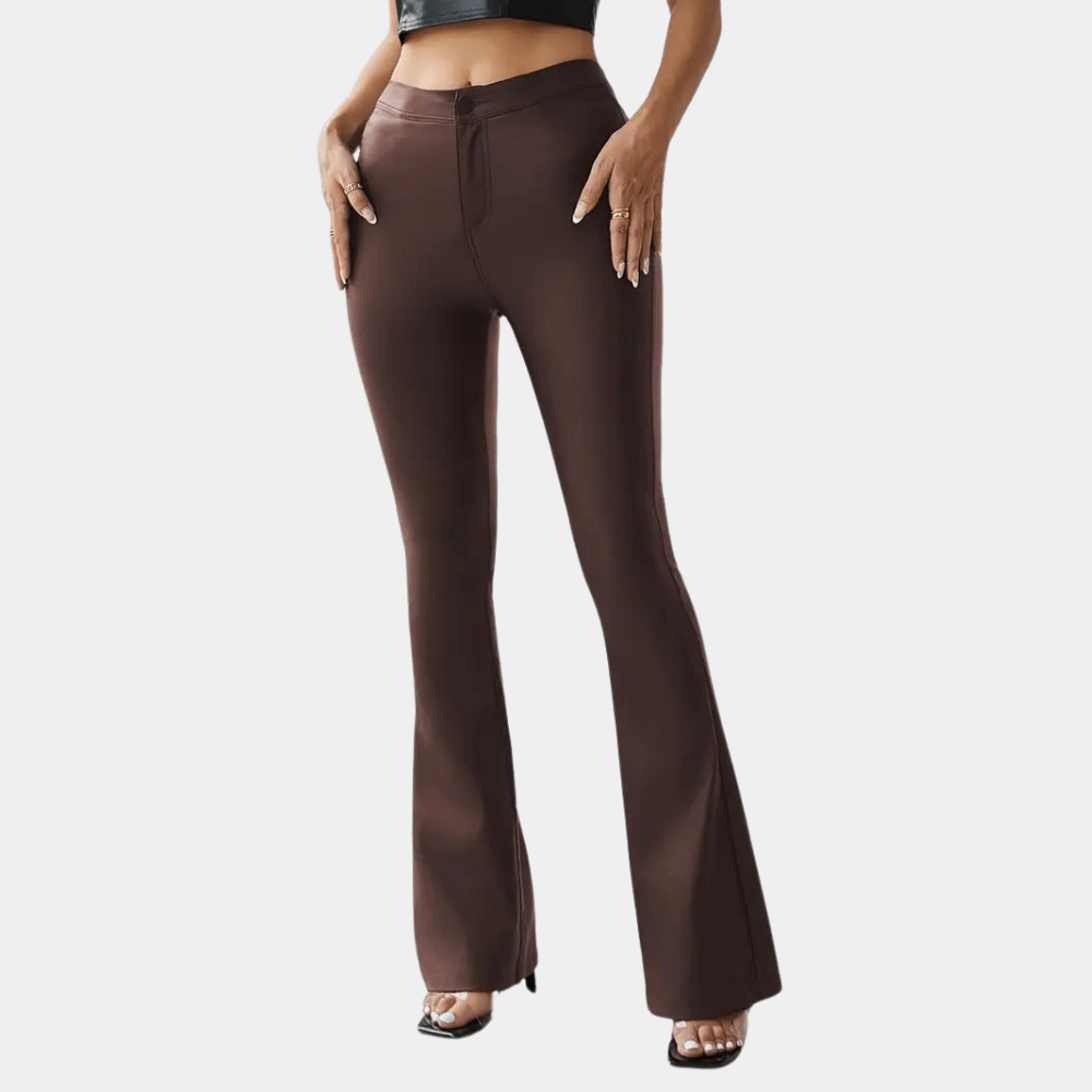 Retro High Waist Slim Leather Flared Trousers with Full Length Sweep
