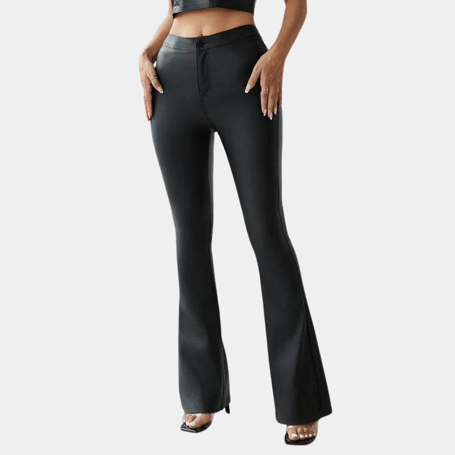 Retro High Waist Slim Leather Flared Trousers with Full Length Sweep