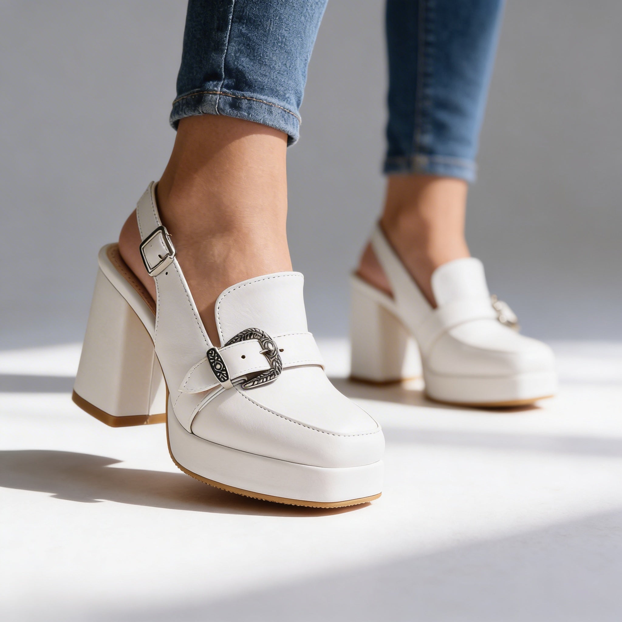 Retro Platform Block Heel Slingback Loafers with Western Buckle
