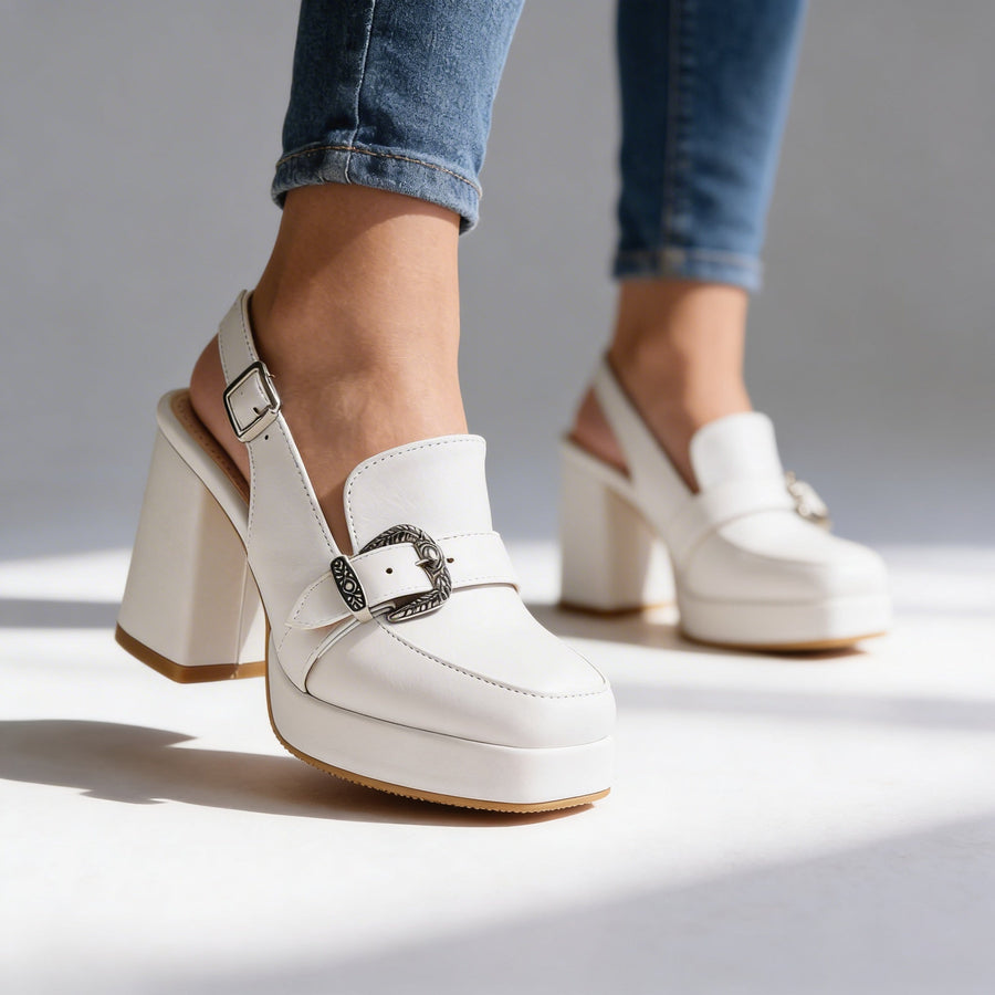 Retro Platform Block Heel Slingback Loafers with Western Buckle