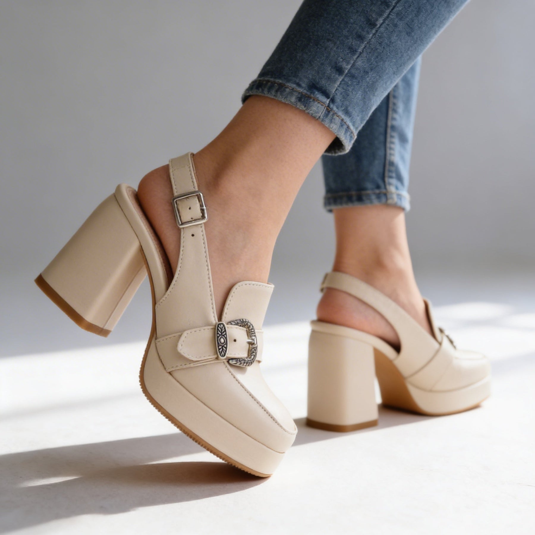 Retro Platform Block Heel Slingback Loafers with Western Buckle