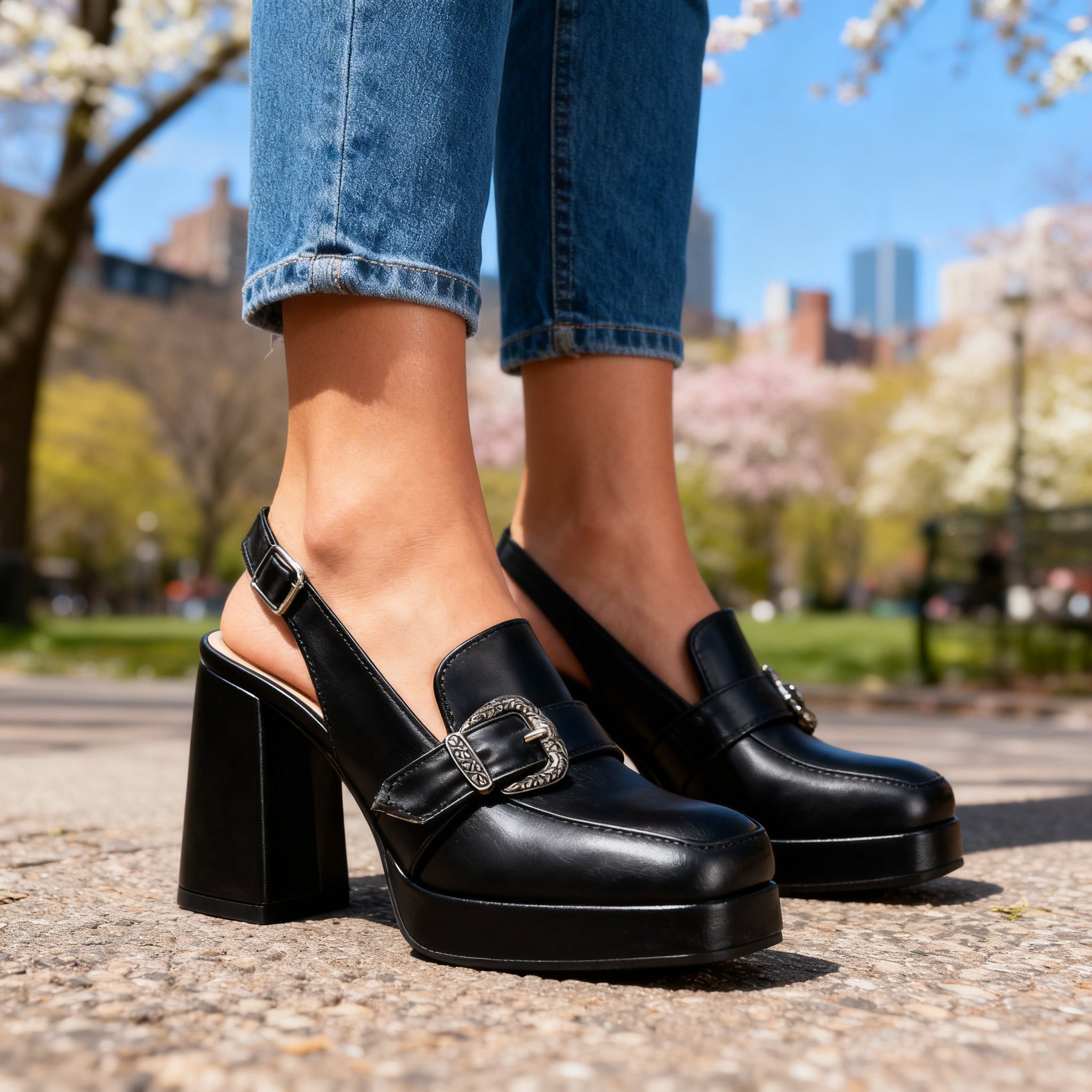 Retro Platform Block Heel Slingback Loafers with Western Buckle