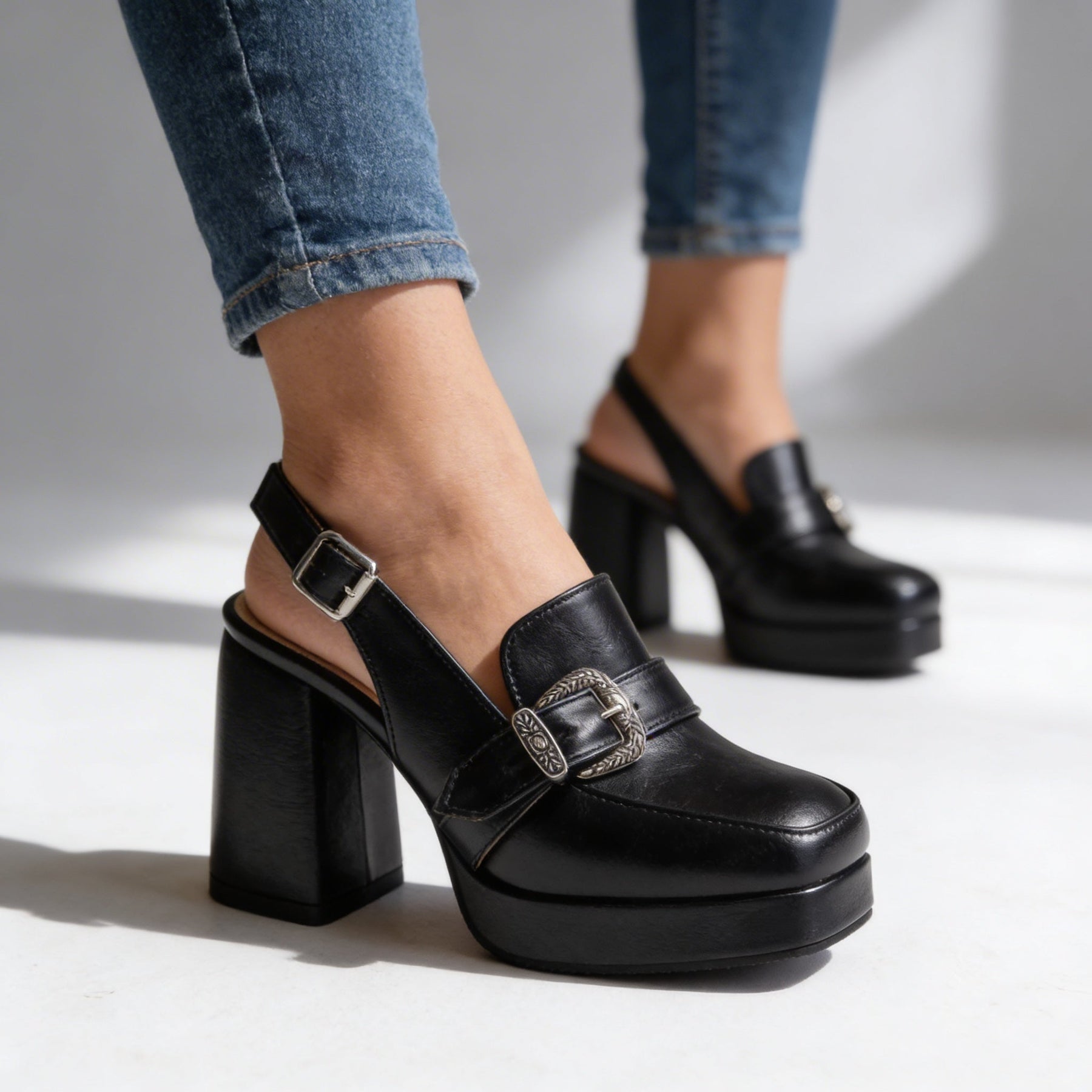 Retro Platform Block Heel Slingback Loafers with Western Buckle