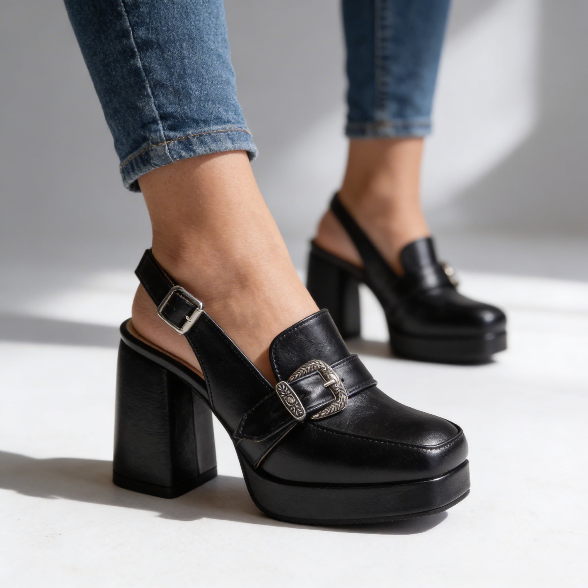 Retro Platform Block Heel Slingback Loafers with Western Buckle