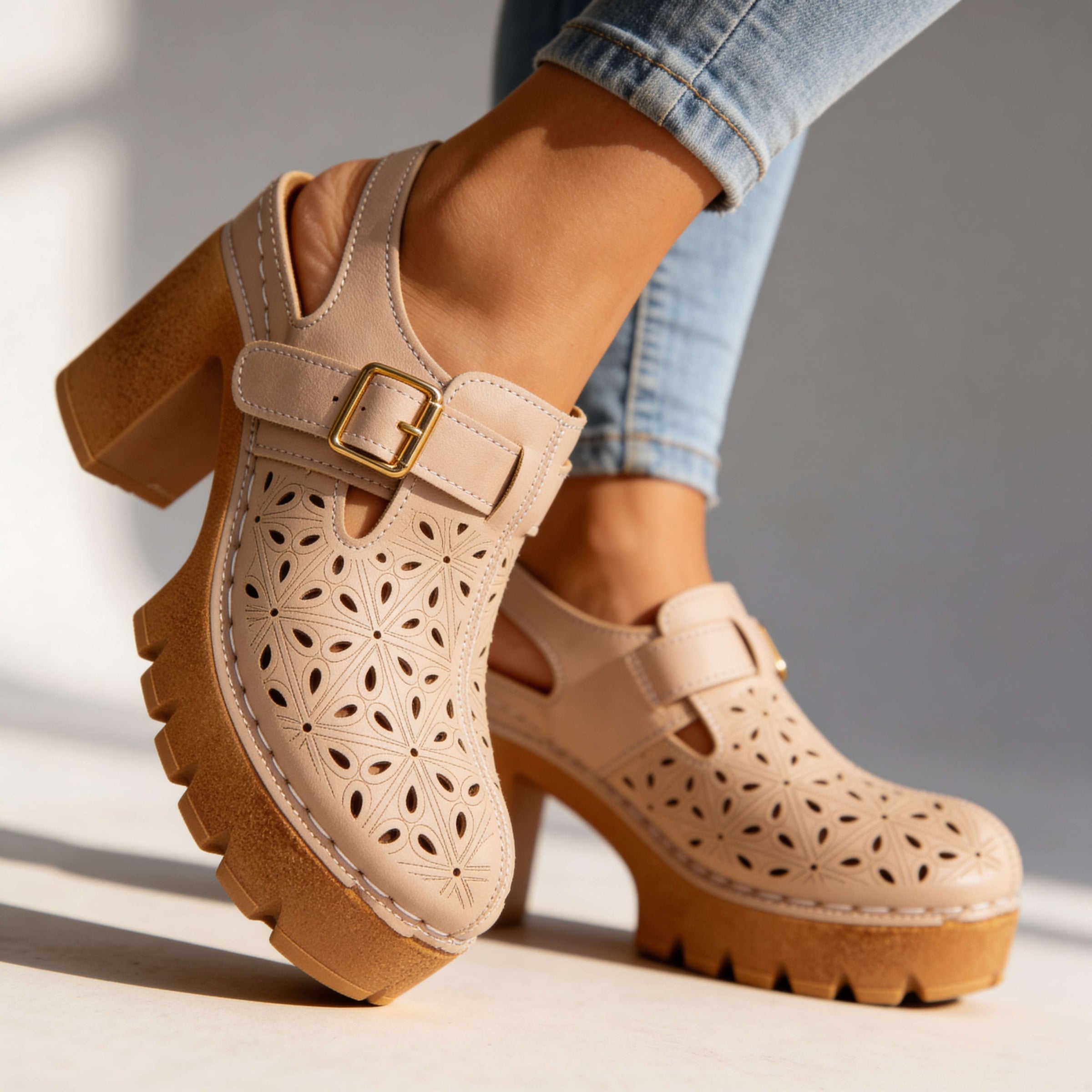 Retro Platform Heels with Cutout Detail and Buckle Strap