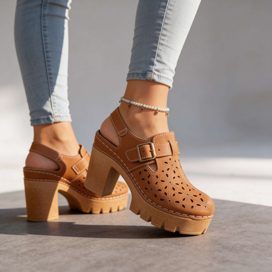 Retro Platform Heels with Cutout Detail and Buckle Strap