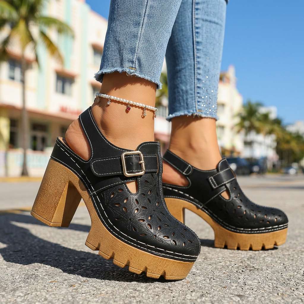 Retro Platform Heels with Cutout Detail and Buckle Strap
