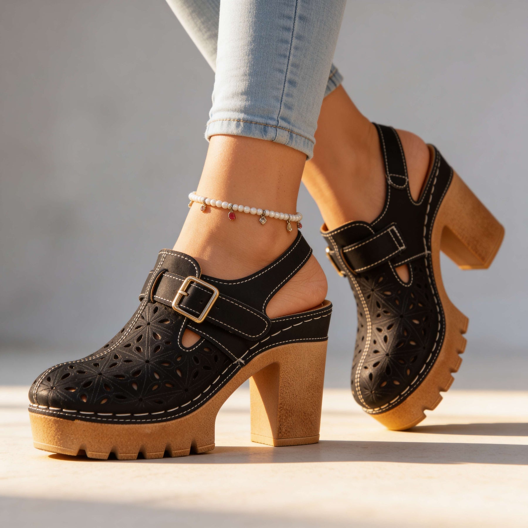 Retro Platform Heels with Cutout Detail and Buckle Strap