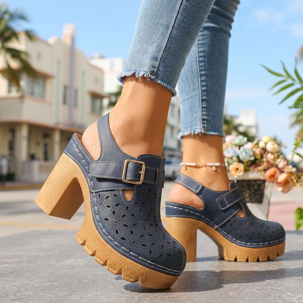 Retro Platform Heels with Cutout Detail and Buckle Strap