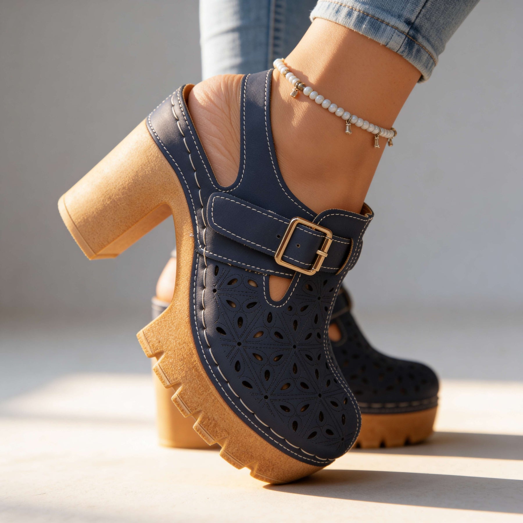 Retro Platform Heels with Cutout Detail and Buckle Strap