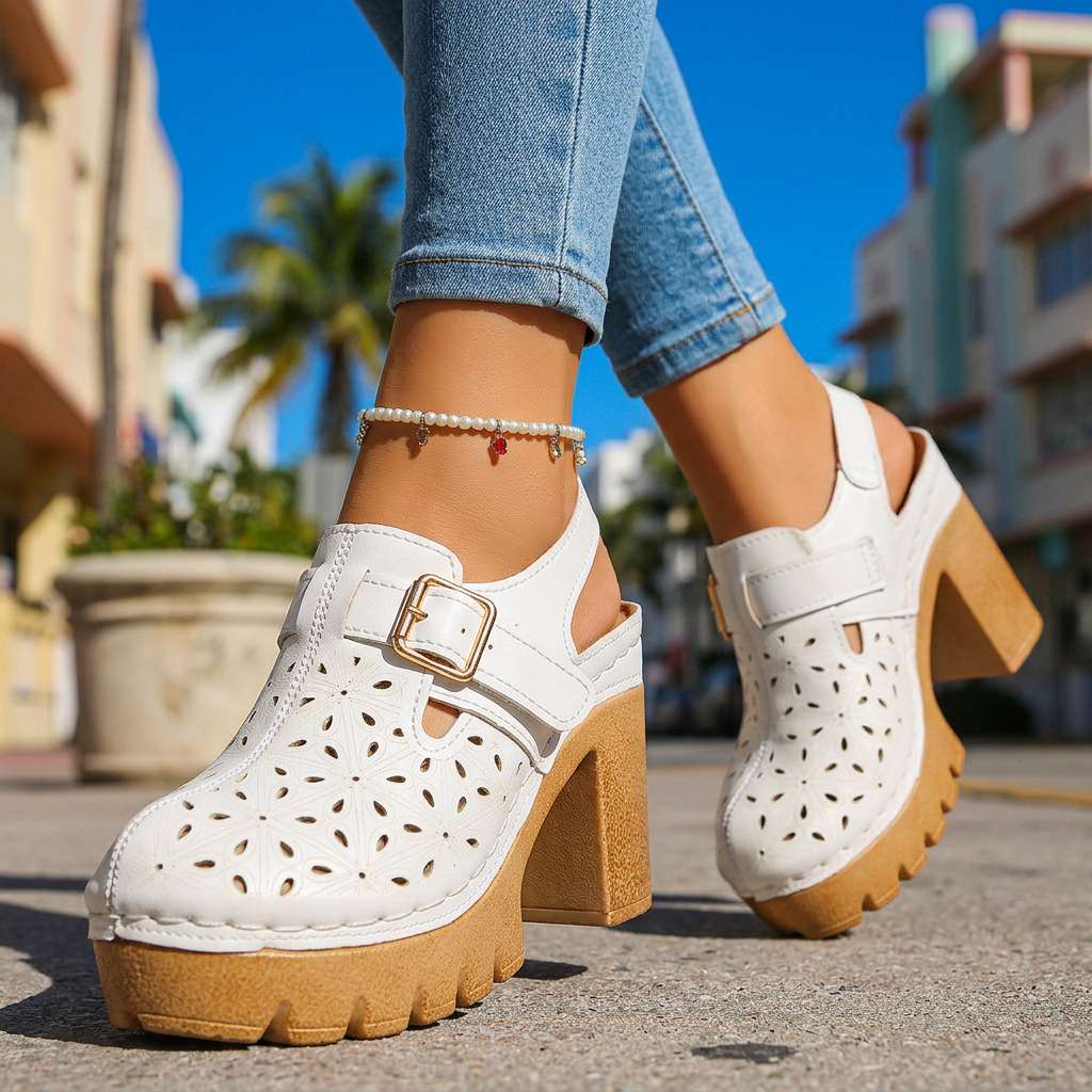 Retro Platform Heels with Cutout Detail and Buckle Strap